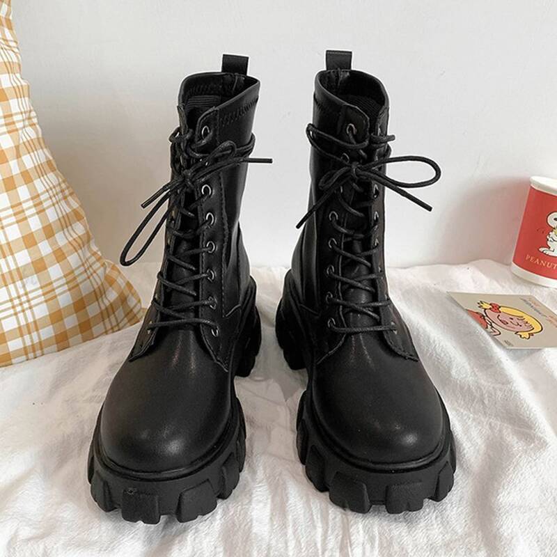

Lace-up Chunky Heeled Combat Boots, Black