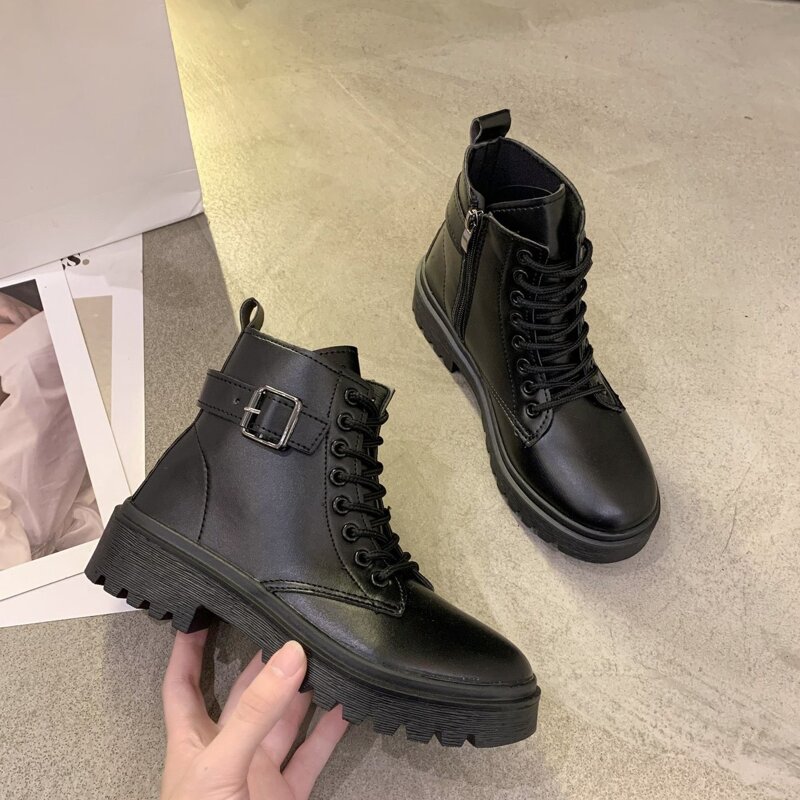 

Buckle Lace-up Combat Boots, Black