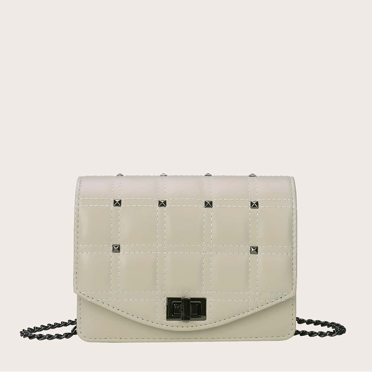 

Studded Decor Turn-Lock Chain Bag, Beige