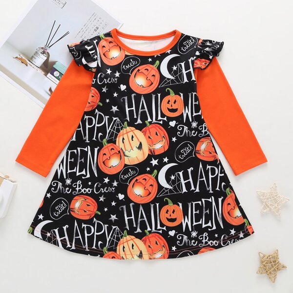 

Toddler Girls Halloween Print Ruffle Trim Tee Dress, Multicolor