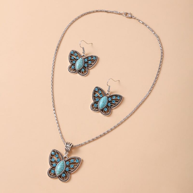 

1pc Butterfly Charm Necklace & 1pair Earrings, Blue