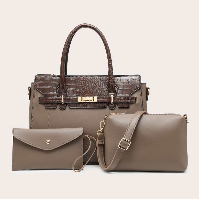 

3pcs Croc Embossed Satchel Bag Set, Khaki