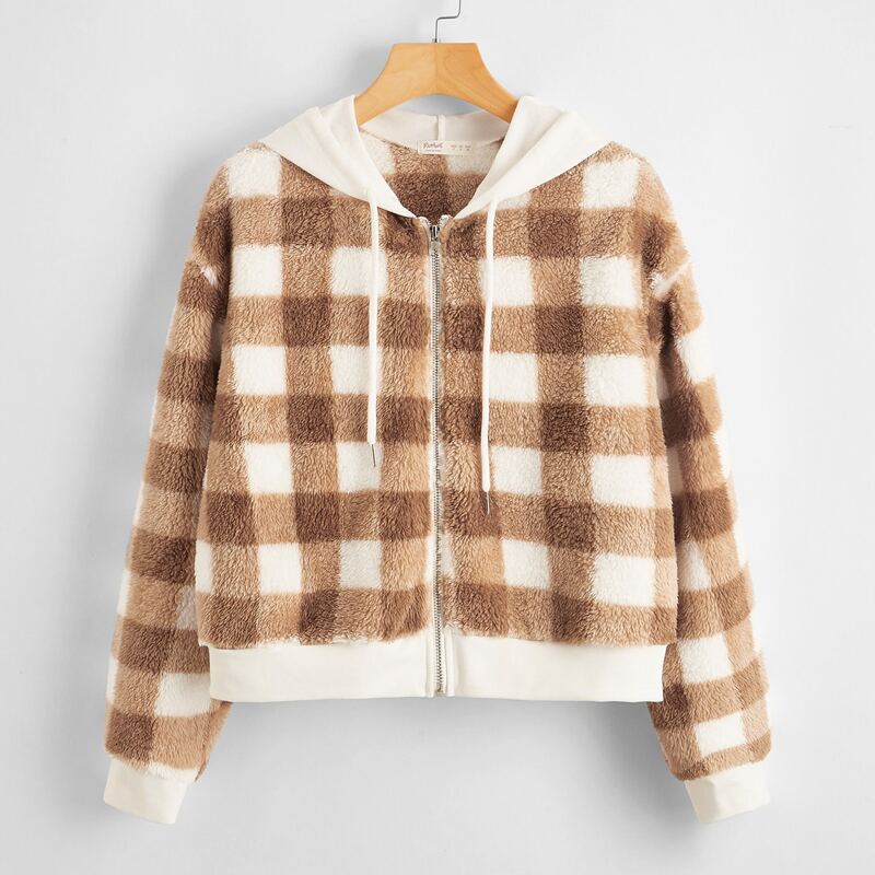 

Plaid Zip Up Teddy Jacket, Multicolor