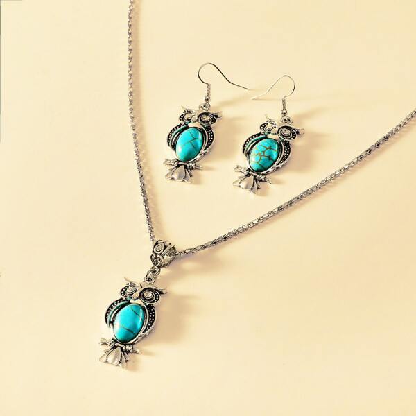 

1pc Owl Charm Necklace & 1pair Earrings, Blue