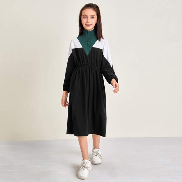 

Girls Zipper Half Placket Elastic Waist Dress, Black