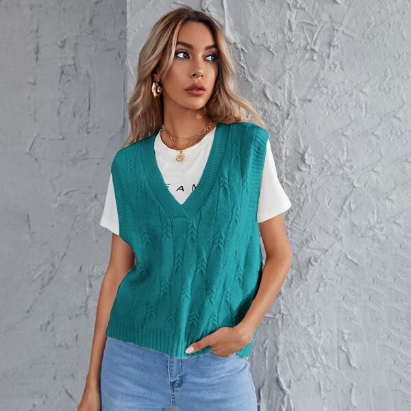

Solid Cable Knit Sweater Vest, Blue