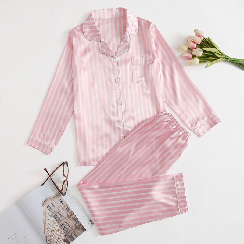 

Striped Satin Shirt & Pants PJ Set, Baby pink