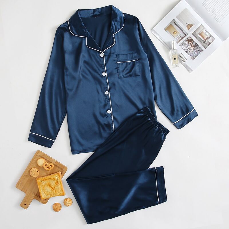 

Contrast Binding Satin Shirt & Pants PJ Set, Navy blue