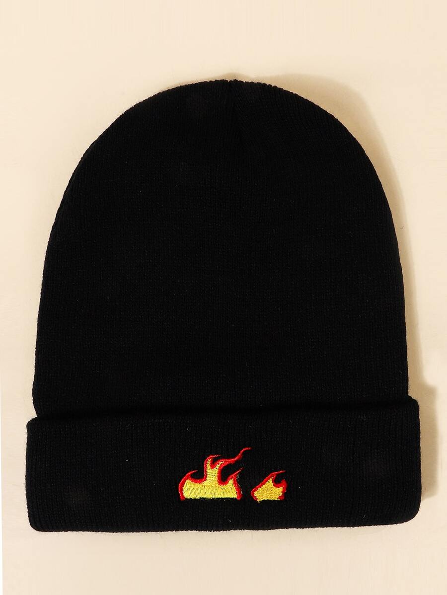 Men Fire Embroidery Cuffed Beanie - Black - View 1