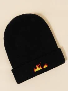 Men Fire Embroidery Cuffed Beanie - Black - View 2