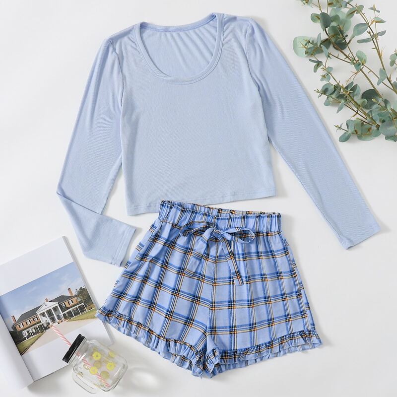

Solid Tee & Plaid Shorts PJ Set, Blue