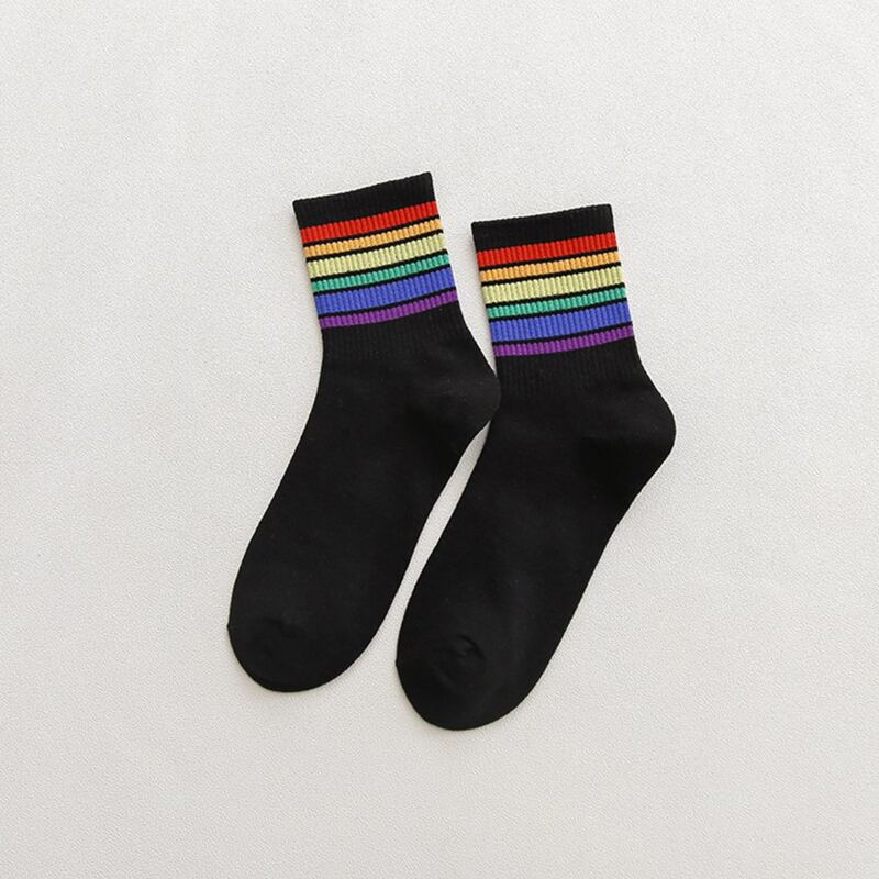 

1pair Rainbow Stripe Socks, Black