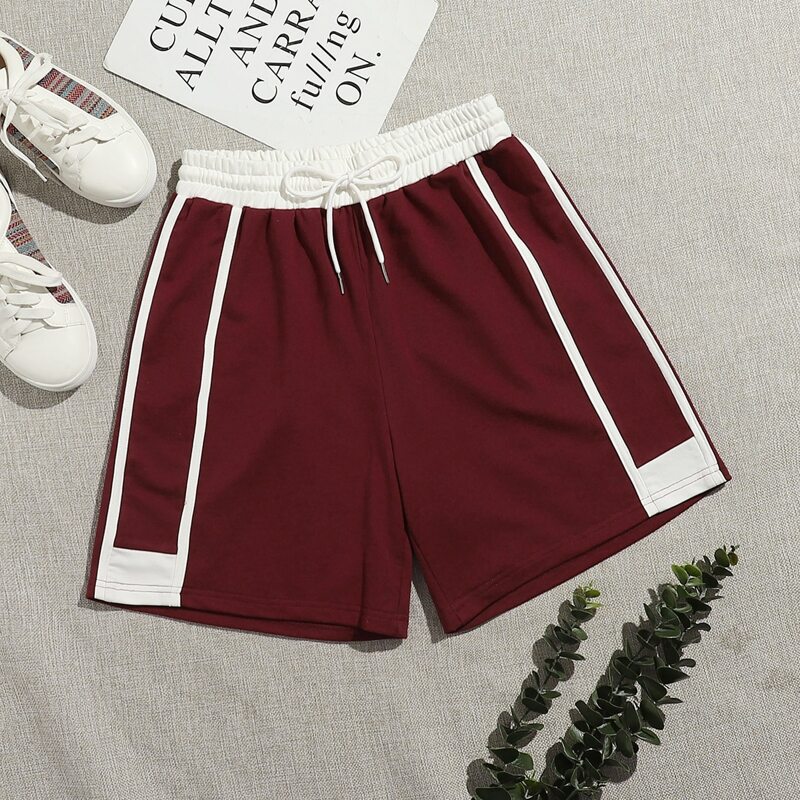 

Drawstring Waist Striped Side Track Shorts, Burgundy