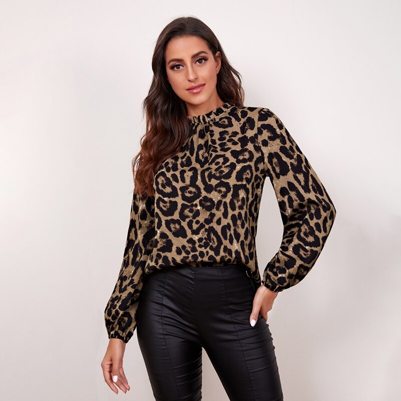 

Frilled Neck Bishop Sleeve Leopard Blouse, Multicolor