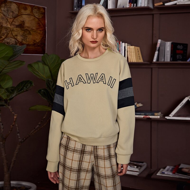 

Drop Shoulder Letter Graphic Colorblock Oversized Pullover, Khaki