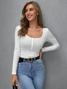 SHEIN BASICS Press Buttoned Front Fitted Top - White - View 1