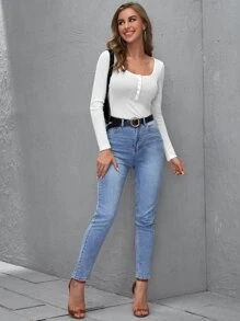 SHEIN BASICS Press Buttoned Front Fitted Top - White - View 3