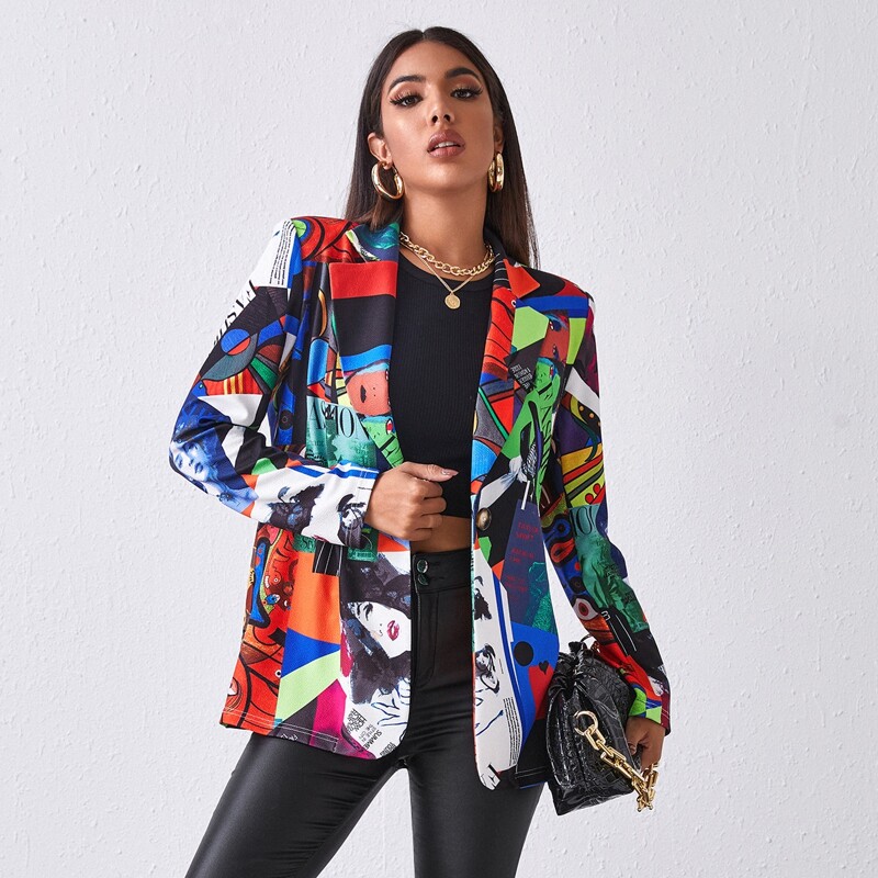 

Letter and Figure Mixed Print Blazer, Multicolor