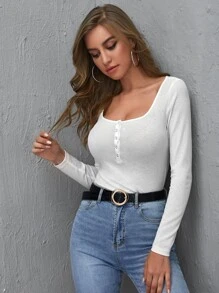 SHEIN BASICS Press Buttoned Front Fitted Top - White - View 5