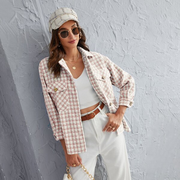 

Plaid Flap Pocket Tweed Jacket, Multicolor