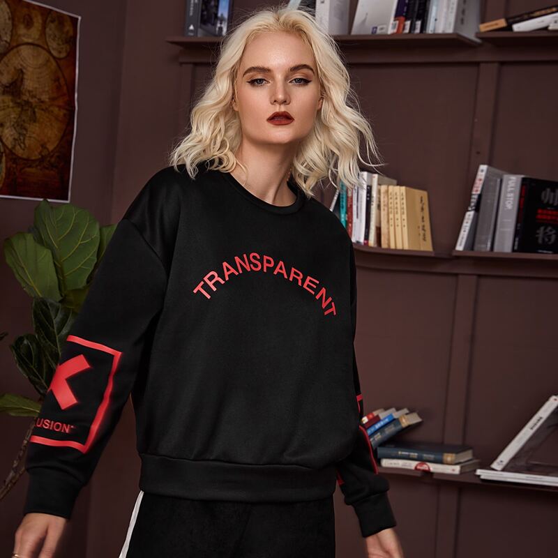 

Drop Shoulder Letter & Geo Graphic Oversized Pullover, Black