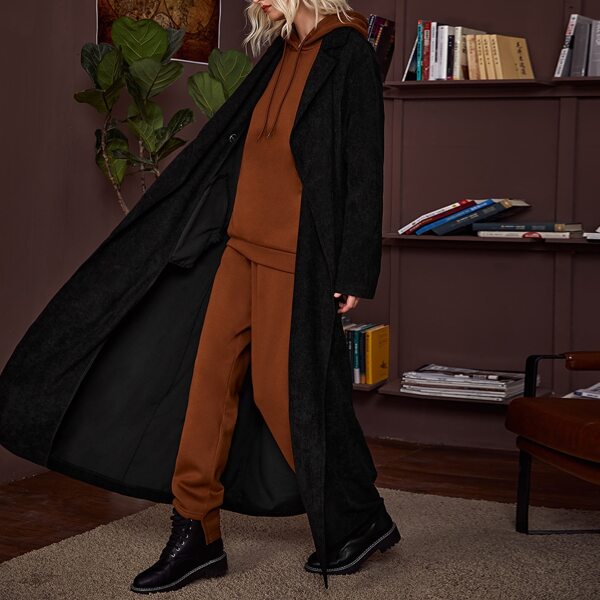 

Double Button Corduroy Maxi Pea Coat, Black