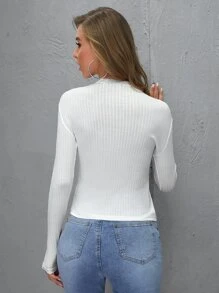 SHEIN BASICS Cotton Ribbed Form-Fitting Long Sleeve Tee - White - View 2