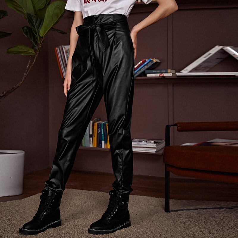 

Paperbag Waist Belted PU Leather Pants, Black