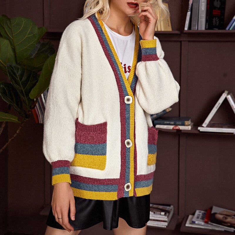 

Button Front Drop Shoulder Colorblock Striped Cardigan, Beige