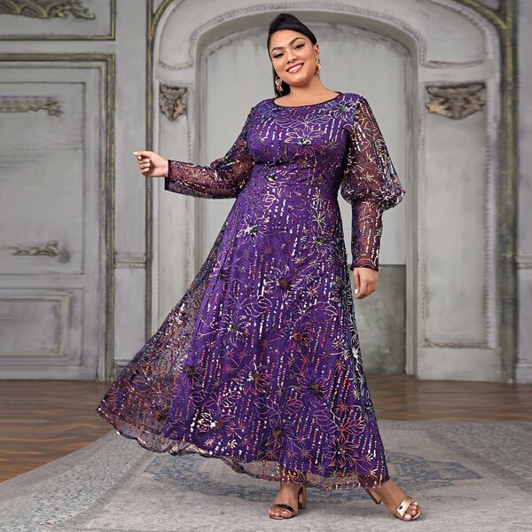 

Plus Contrast Sequin Leg-of-mutton Maxi Prom Dress, Purple