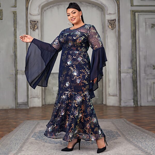 

Plus Contrast Sequin Ruffle Hem Flounce Sleeve Maxi Dress, Navy blue