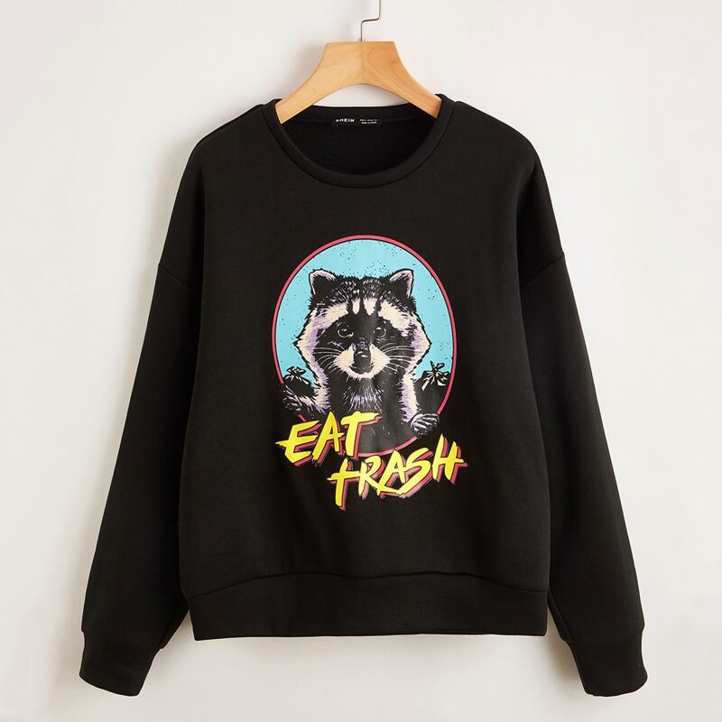 

ROMWE X Vincenttrinidadart Animal & Letter Graphic Oversized Pullover, Black