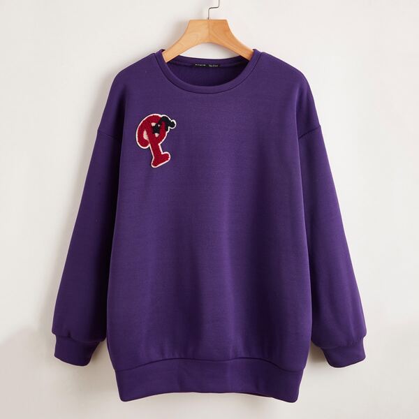 

Star & Letter Patch Drop Shoulder Oversized Pullover, Violet purple