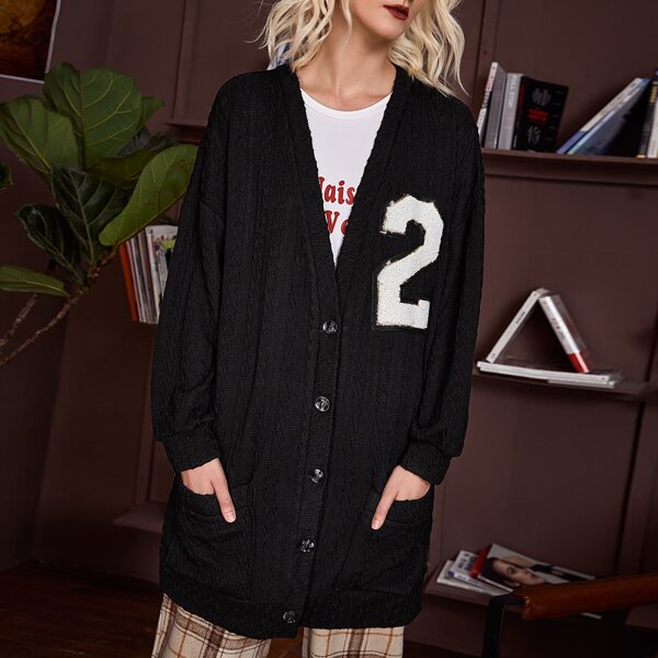 

Number Patch Button Front Pocket Longline Coat, Black