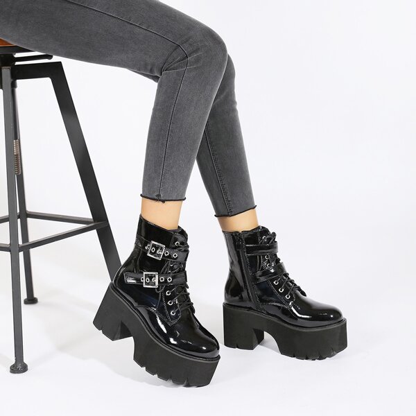 

Eyelet Buckle Decor Lace-up Front Combat Boots, Black