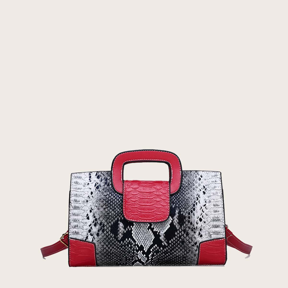 

Snakeskin Colorblock Satchel Bag, Red