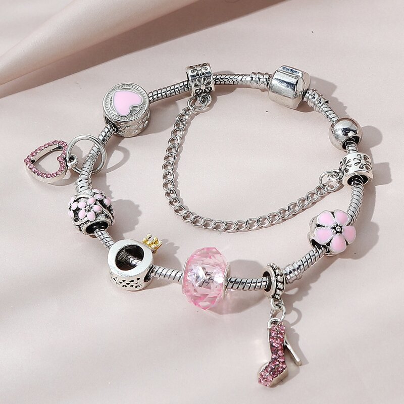 

Rhinestone Heart & Flower Charm Bracelet, Silver