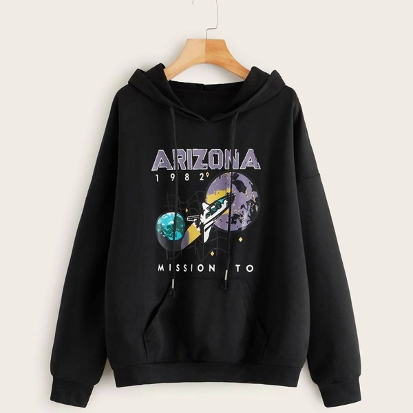 

Plus Letter Graphic Drawstring Hoodie, Black