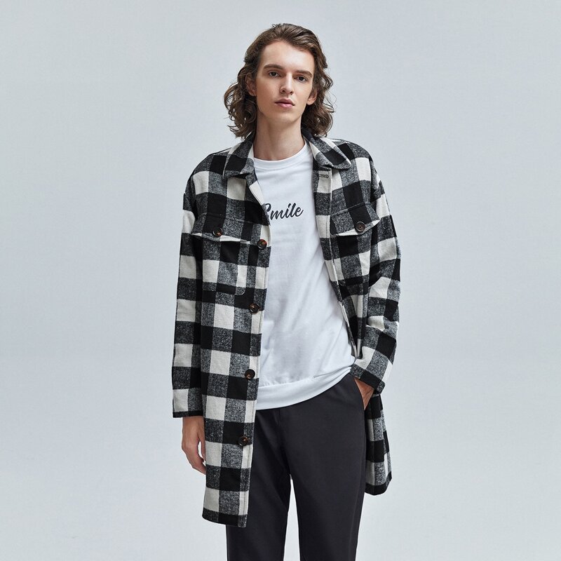 

Guys Single Breasted Flap Pocket Buffalo Plaid Coat, Black and white