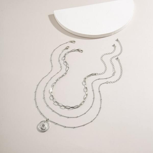 

3pcs Coin Charm Necklace, Silver