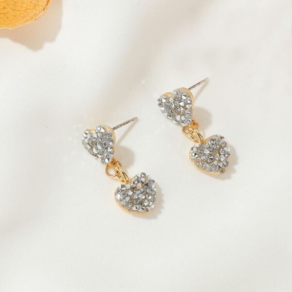 

1pair Rhinestone Heart Drop Earrings, Silver