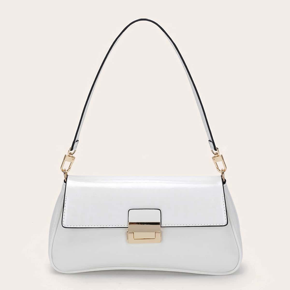 

Metal Lock Flap Baguette Bag, White