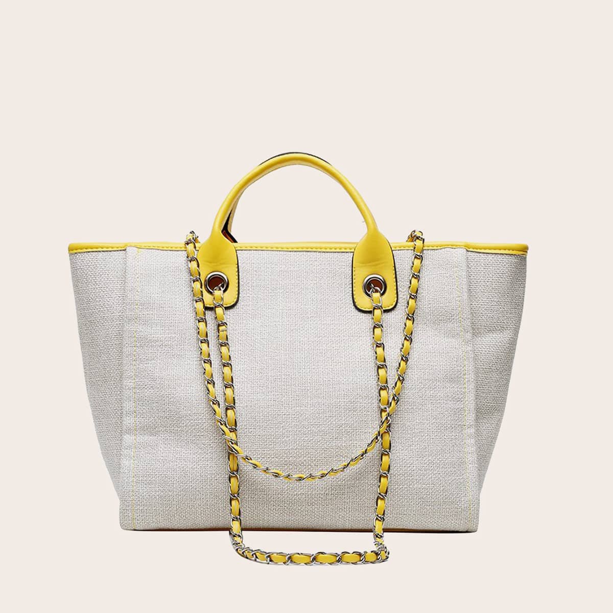 

Contrast Piping Canvas Tote Bag, Yellow