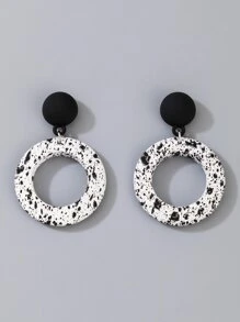 imoli Random Color Splash Ink Pattern Circle Drop Earrings - Black and White - View 2