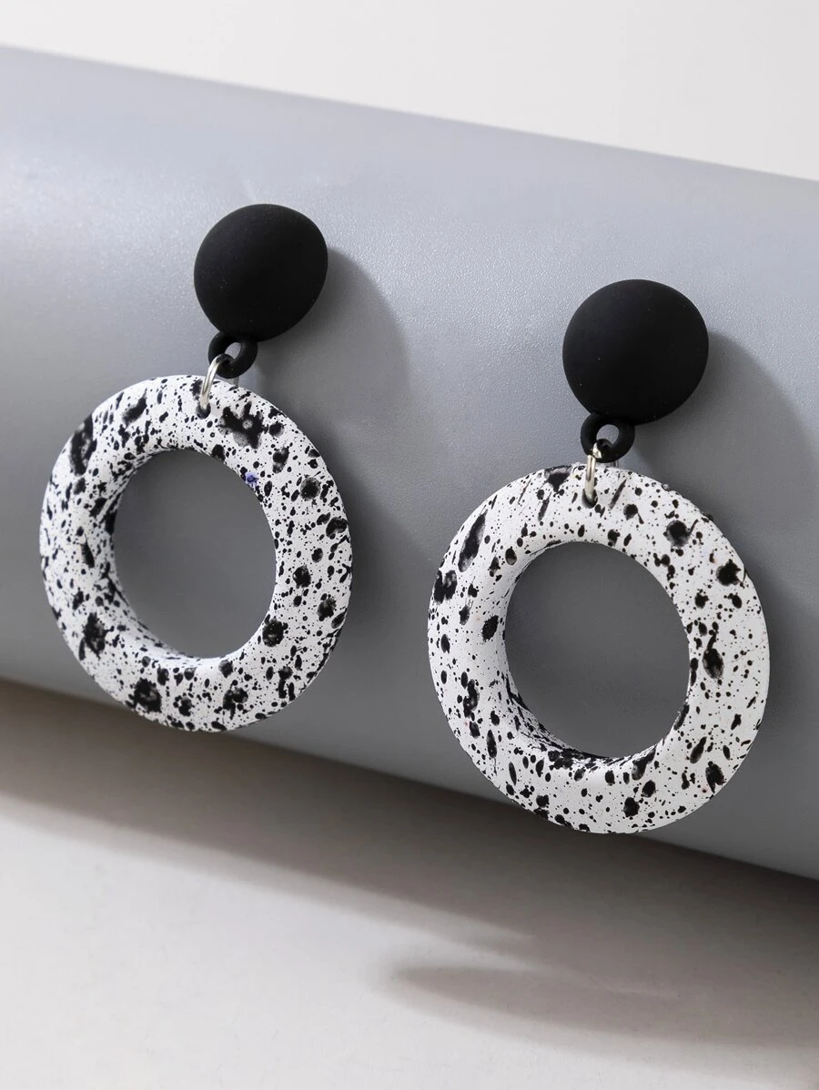 imoli Random Color Splash Ink Pattern Circle Drop Earrings - Black and White - View 1