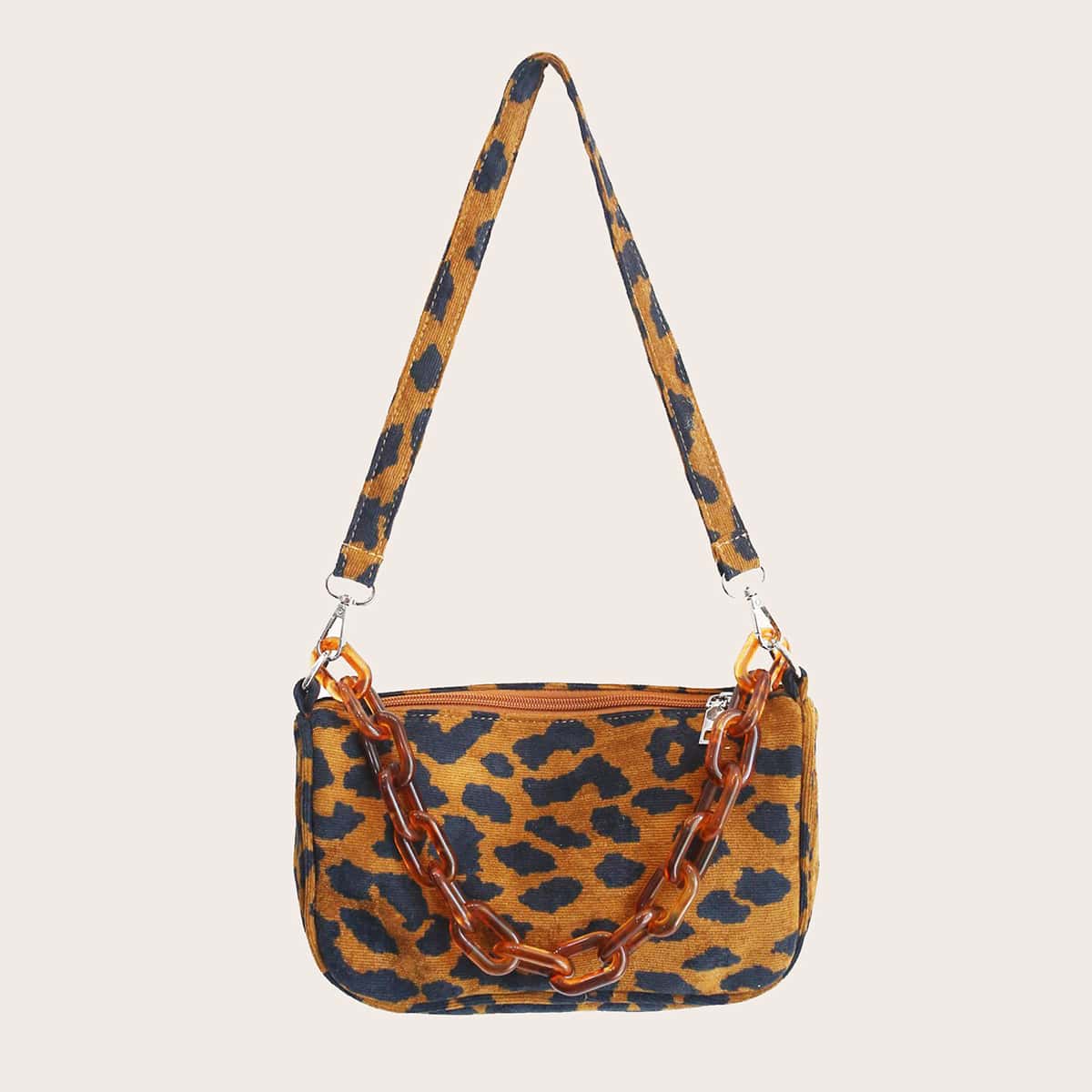 

Leopard Baguette Bag With Chain Handle, Brown