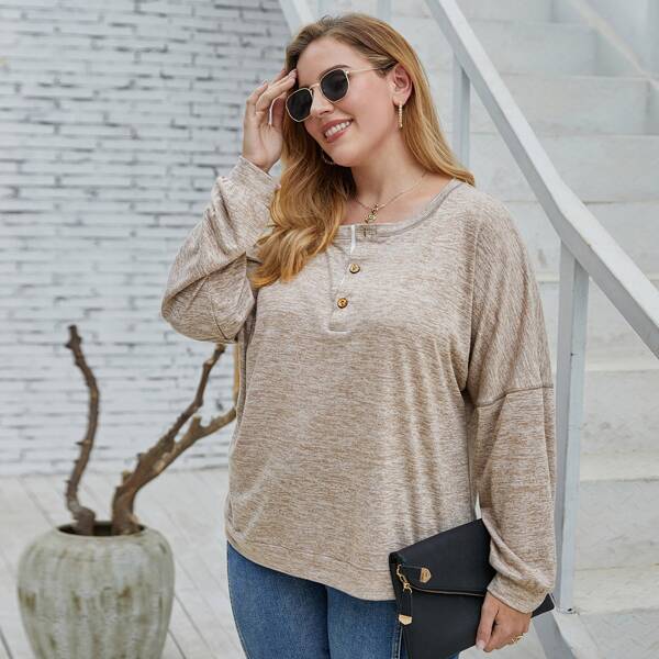 

Plus Half Placket Drop Shoulder Oversized Sweatshirt, Mocha brown