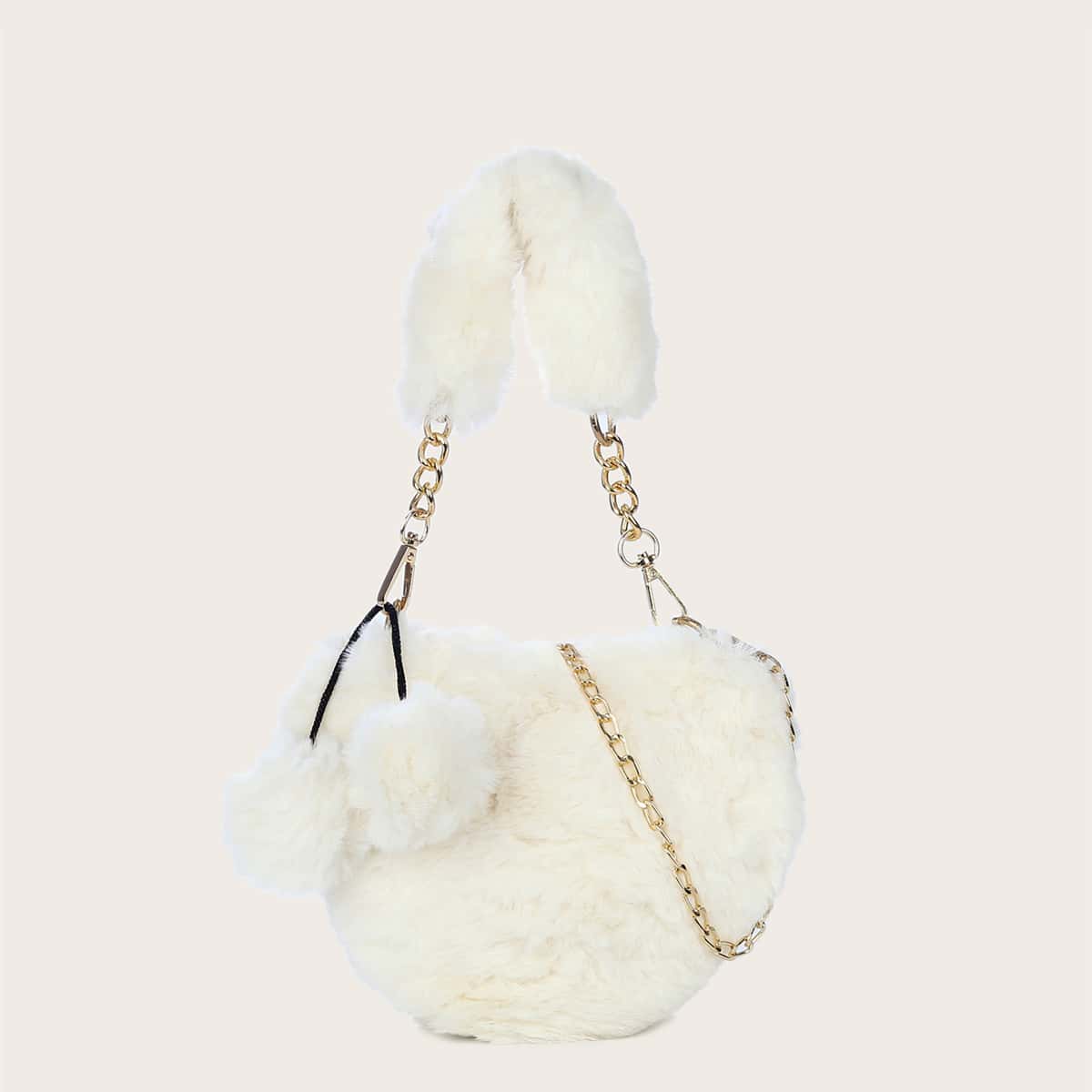 

Pom-pom Charm Heart Shaped Fluffy Bag, Beige