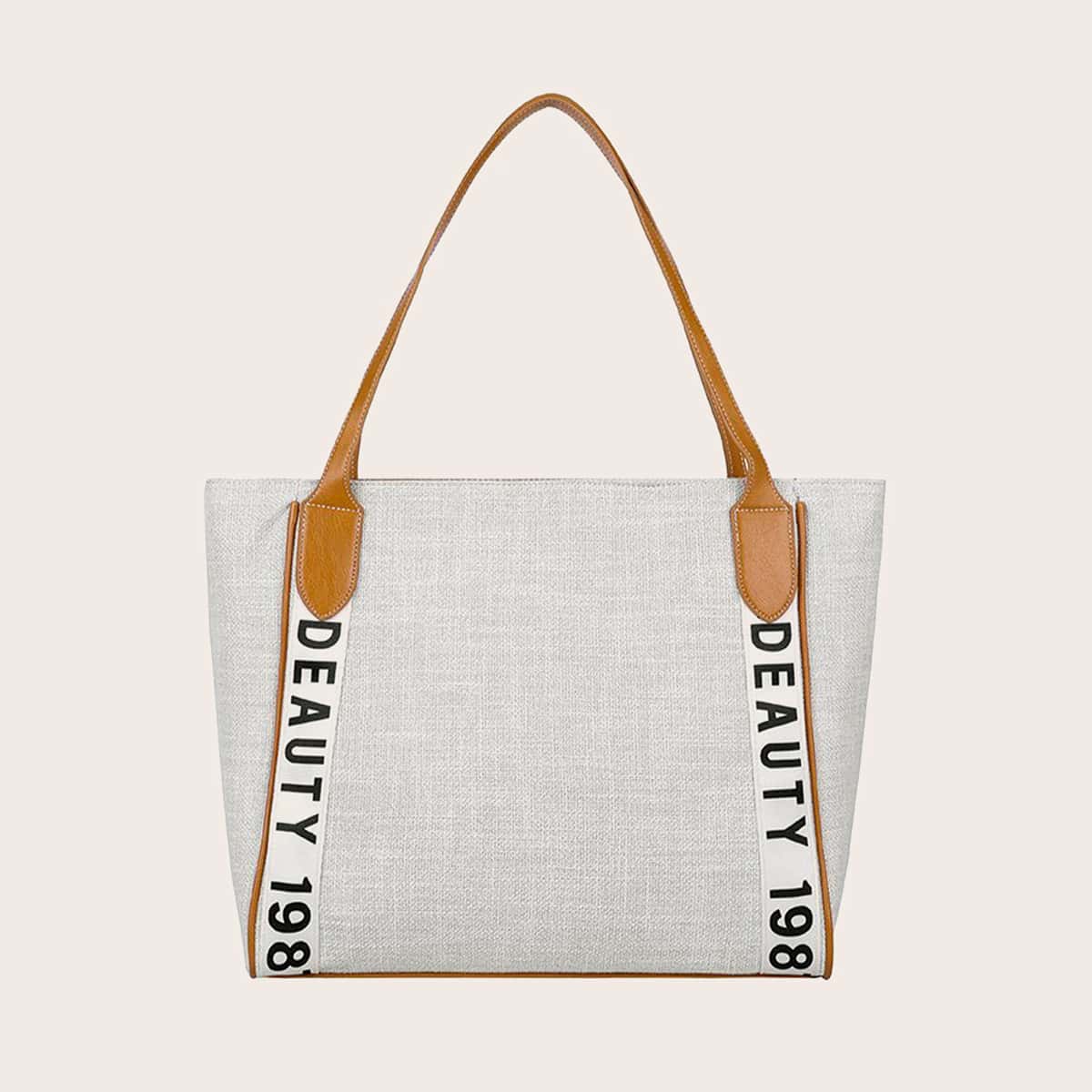

Letter Panel Canvas Tote Bag, Beige