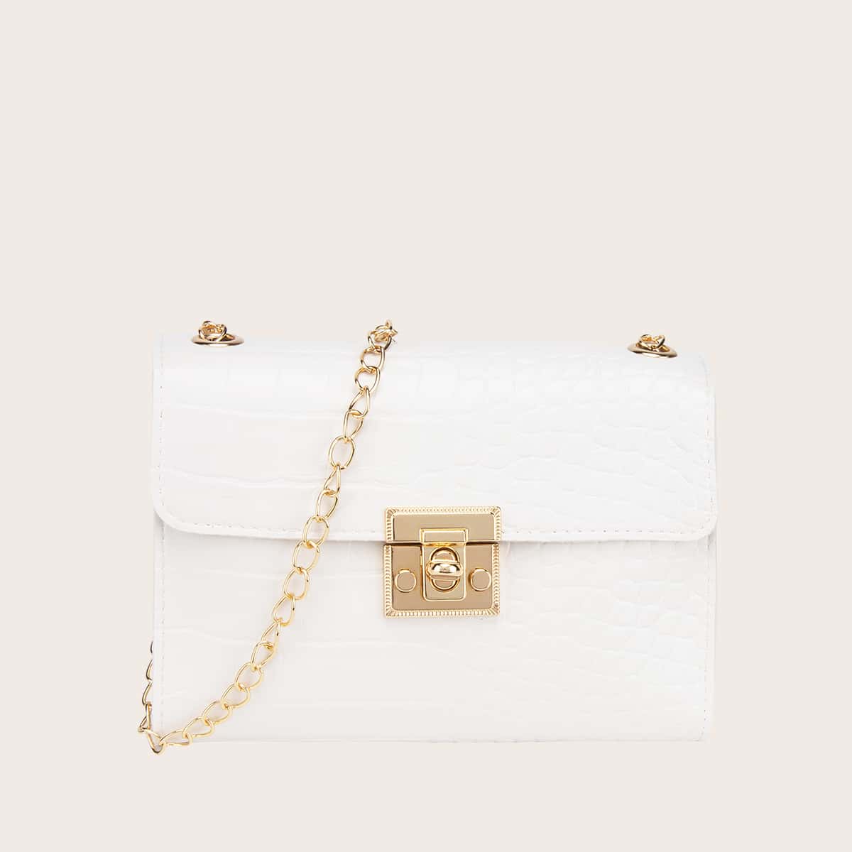 

Faux Croc Leather Chain Crossbody Bag, White